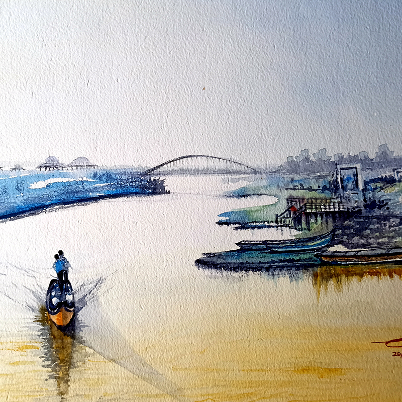 Fishing on river godavari - water color painting