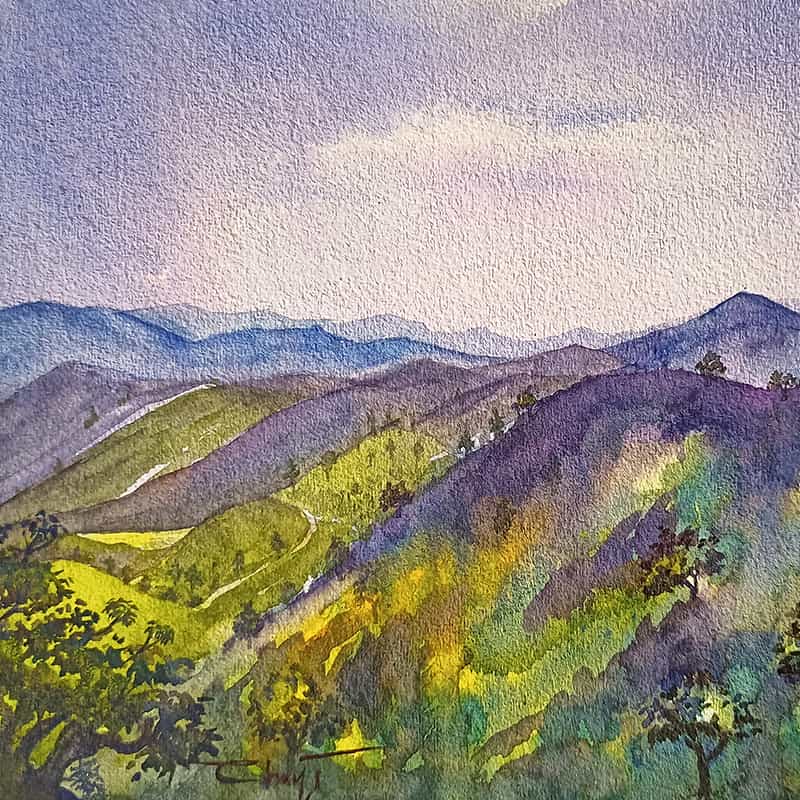 misty hills - watercolor painting