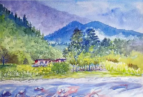 FLowing Life - River Song, Dehradun; watercolor painting by Chanda Dobriyal