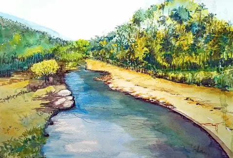 Flowing Life - River Khoh, Duggadda: watercolor painting by Chanda Dobriyal