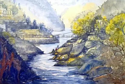 Flowing Life - River Alaknanda: watercolor painting by ArtByChanda
