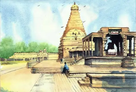 Where Soul Meets Heaven: Bhradeshwar Tanjore - Watercolor Painting